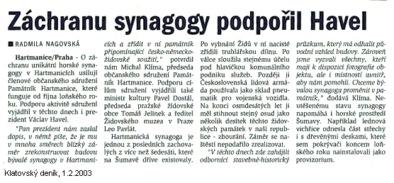 Hartmanice - Zachranu synagogy podporil Havel ()